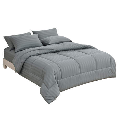 ชุดผ้าปูที่นอน 5 ฟุต 6 ชิ้น IBED ลายริ้ว MIDNIGHT GRAY พร้อมผ้านวมเย็บติด_0